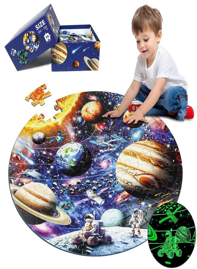 DIGOBAY Glow in The Dark Solar System Jigsaw Puzzles for Kids Ages 4-8, 70 Pieces Kids Space Planet Floor Puzzle Toys Ages 8-10, Large Round Educational Puzzle Toys Gifts for Boys Girls Children - Image 1
